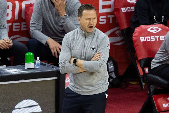 Washington Wizards head coach Scott Brooks reacts during the fourth quarter of game two in the first round of the 2021 NBA Playoffs against the Philadelphia 76ers at Wells Fargo Center.